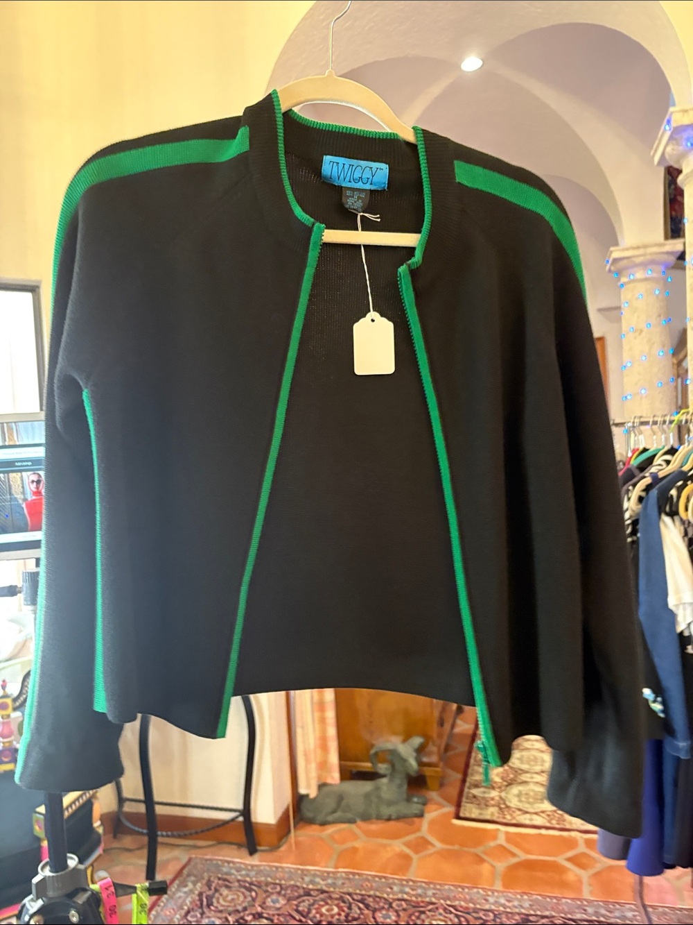 twiggy black zip up cardigan with green stripe